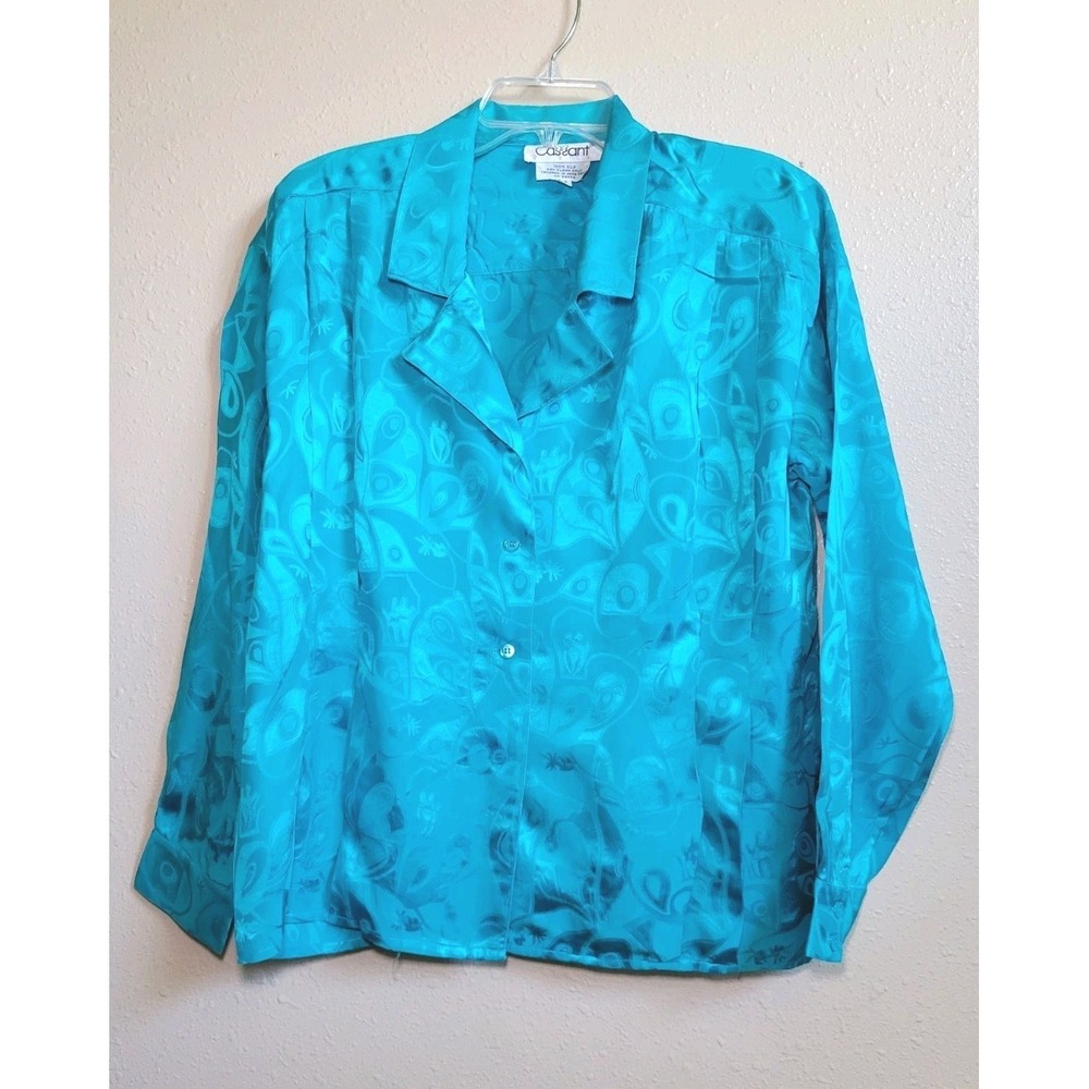 Vintage Cassant Womens 100% Silk Button-Up Long Sleeve Blouse Shoulder Pads Sz10